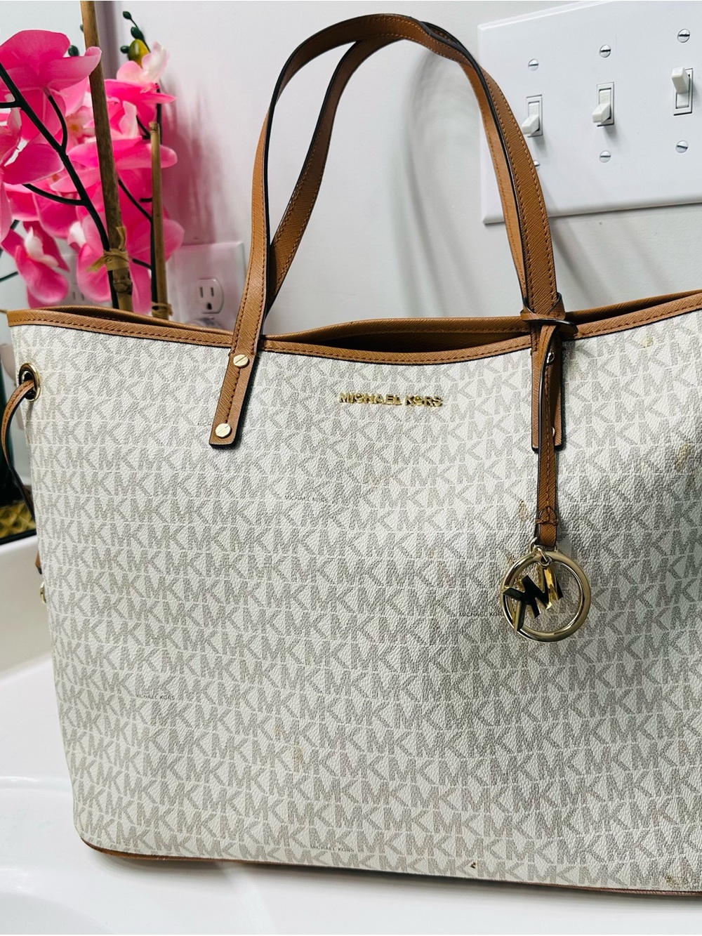 Michael Kors Cream Signature MK Tote with Brown Trim